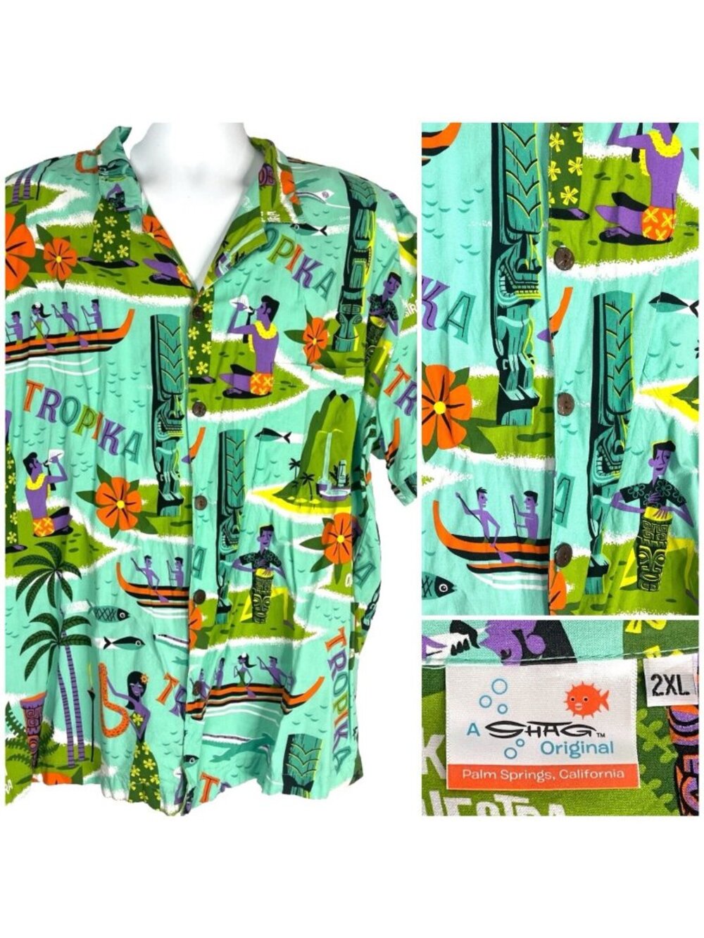 Shag Tikiyaki Orchestra Tropika Mens Hawaiian Shirt size 2XL/XL 53x27 Short Tiki